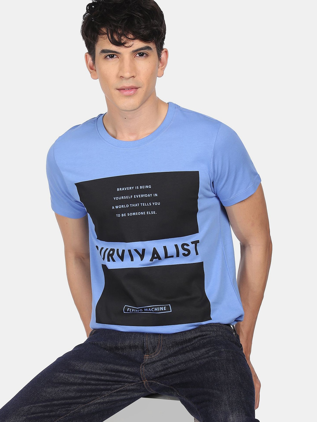 

Flying Machine Men Blue Black Printed Round Neck Pure Cotton T-shirt