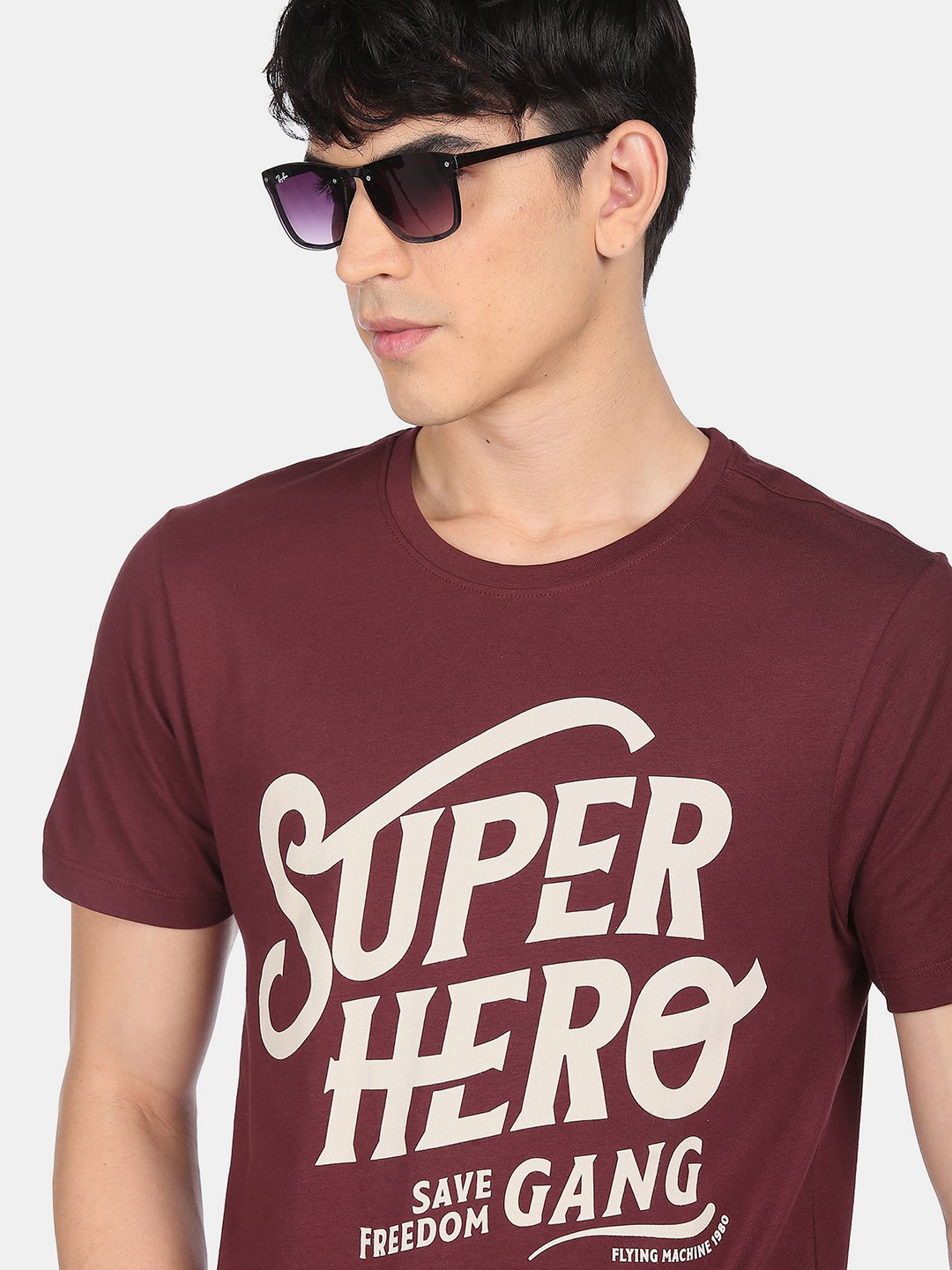 

Flying Machine Men Maroon Off-White Printed Round Neck Pure Cotton T-shirt