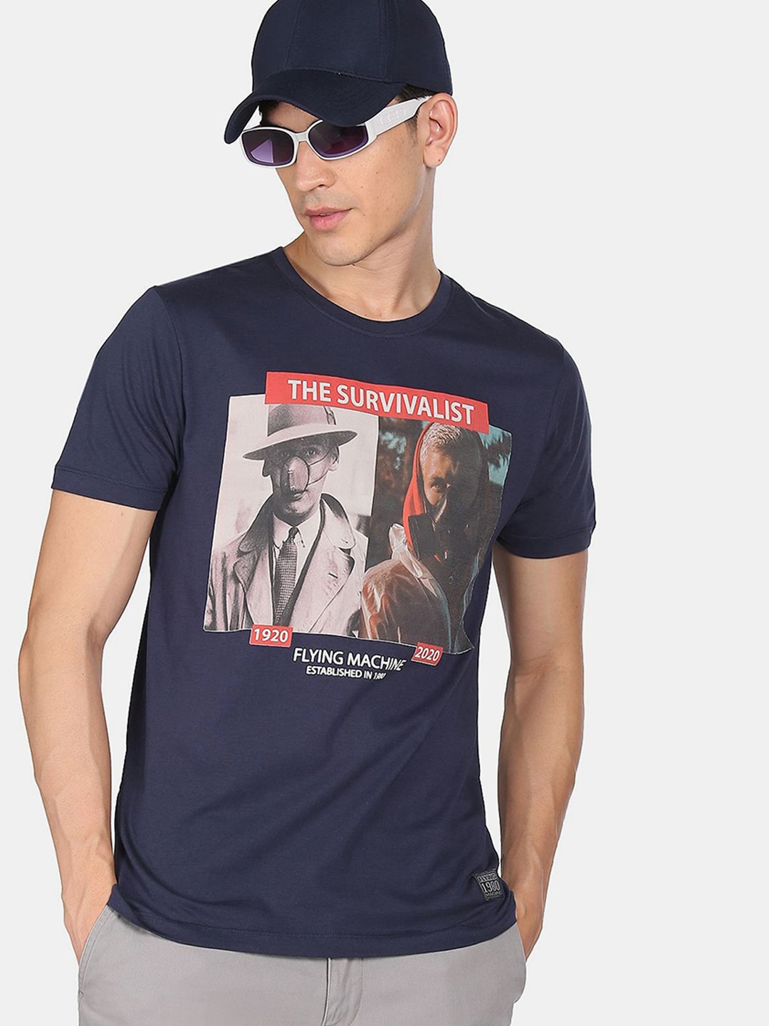 

Flying Machine Men Navy Blue Printed Round Neck Pure Cotton T-shirt