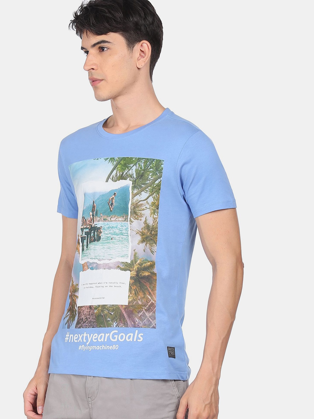 

Flying Machine Men Blue Printed Round Neck T-shirt