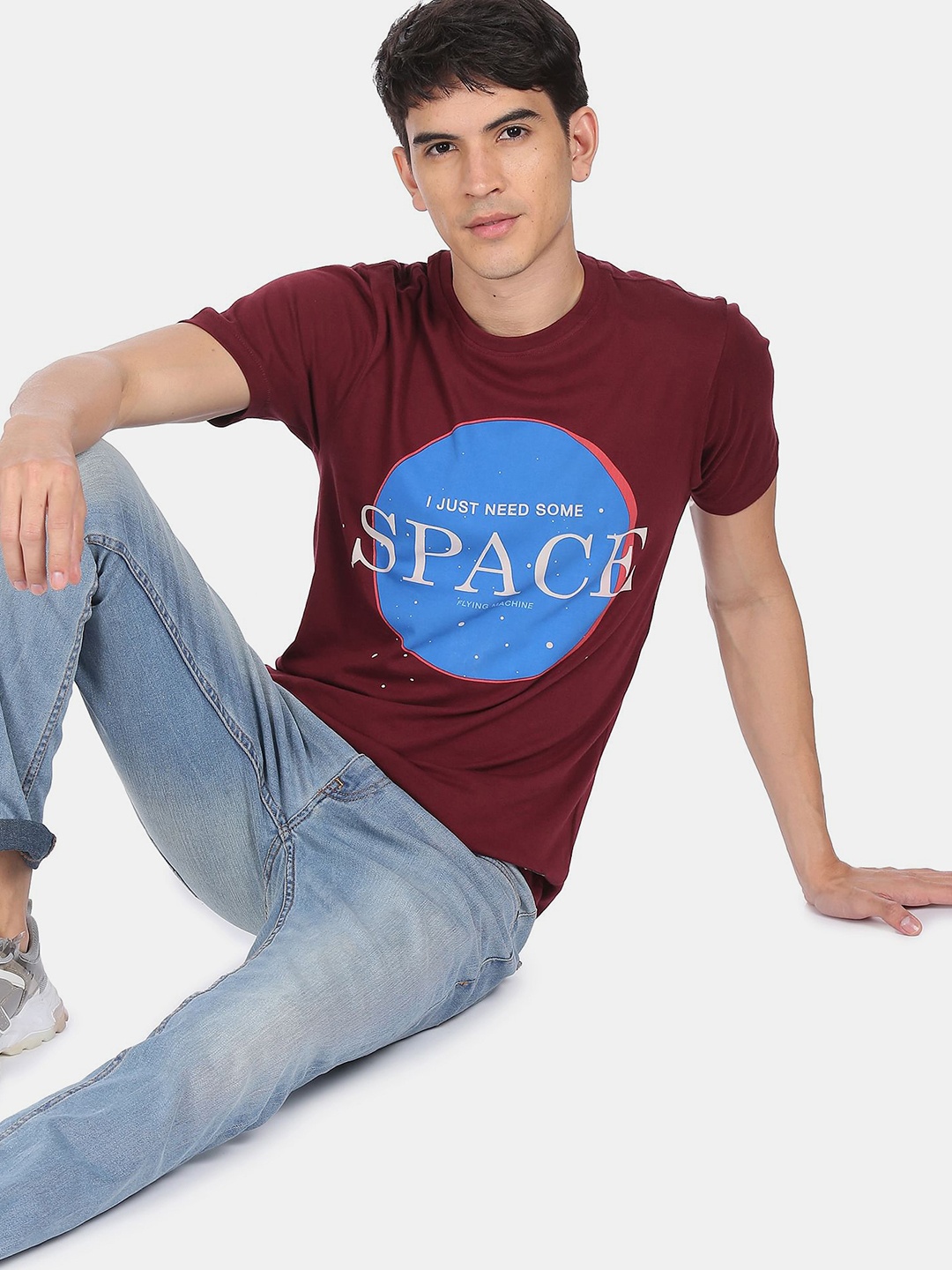 

Flying Machine Men Maroon Blue Printed Round Neck Pure Cotton T-shirt