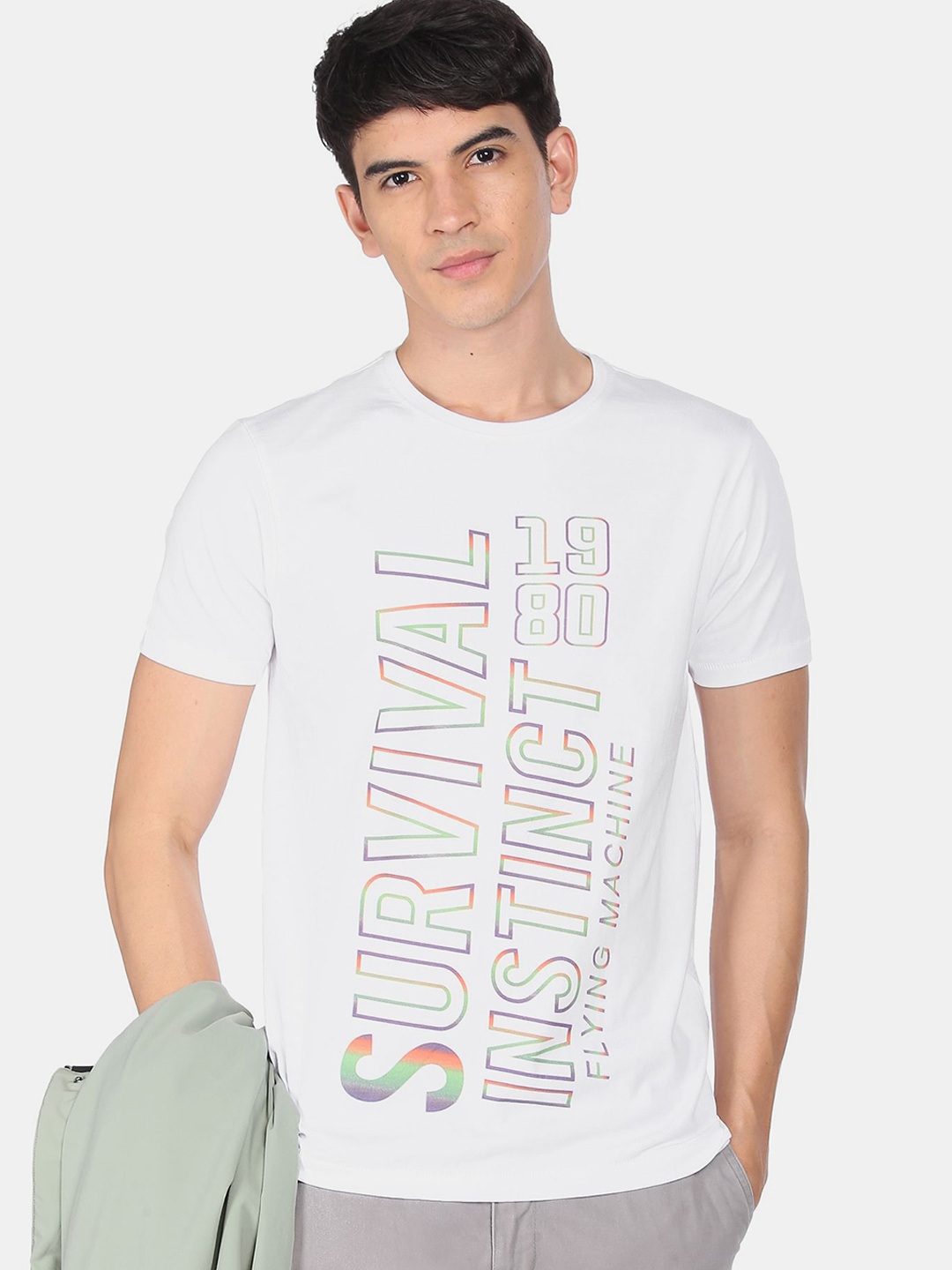 

Flying Machine Men White Printed Round Neck Pure Cotton T-shirt