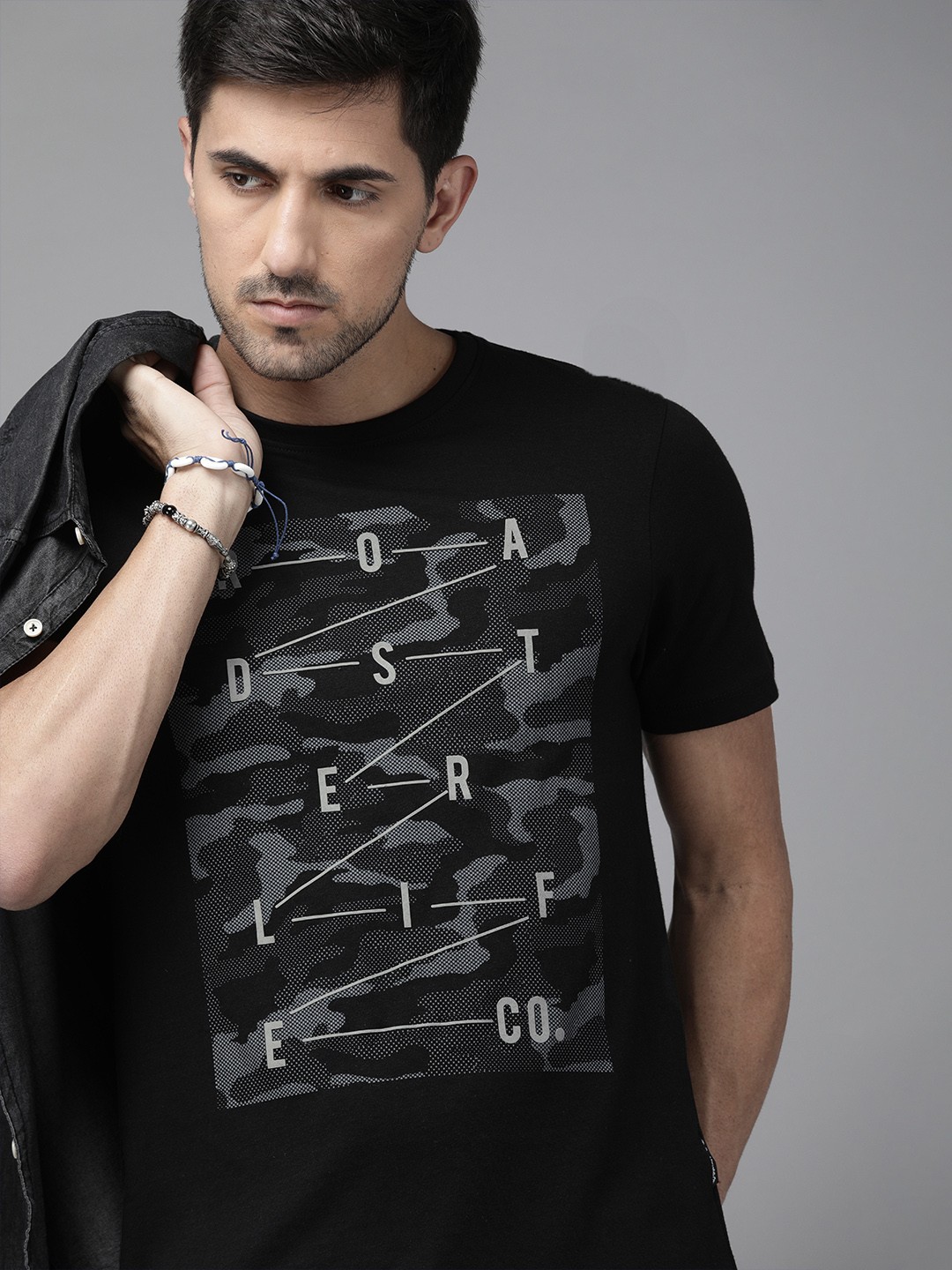 

Roadster Men Black Printed Round Neck Pure Cotton T-shirt