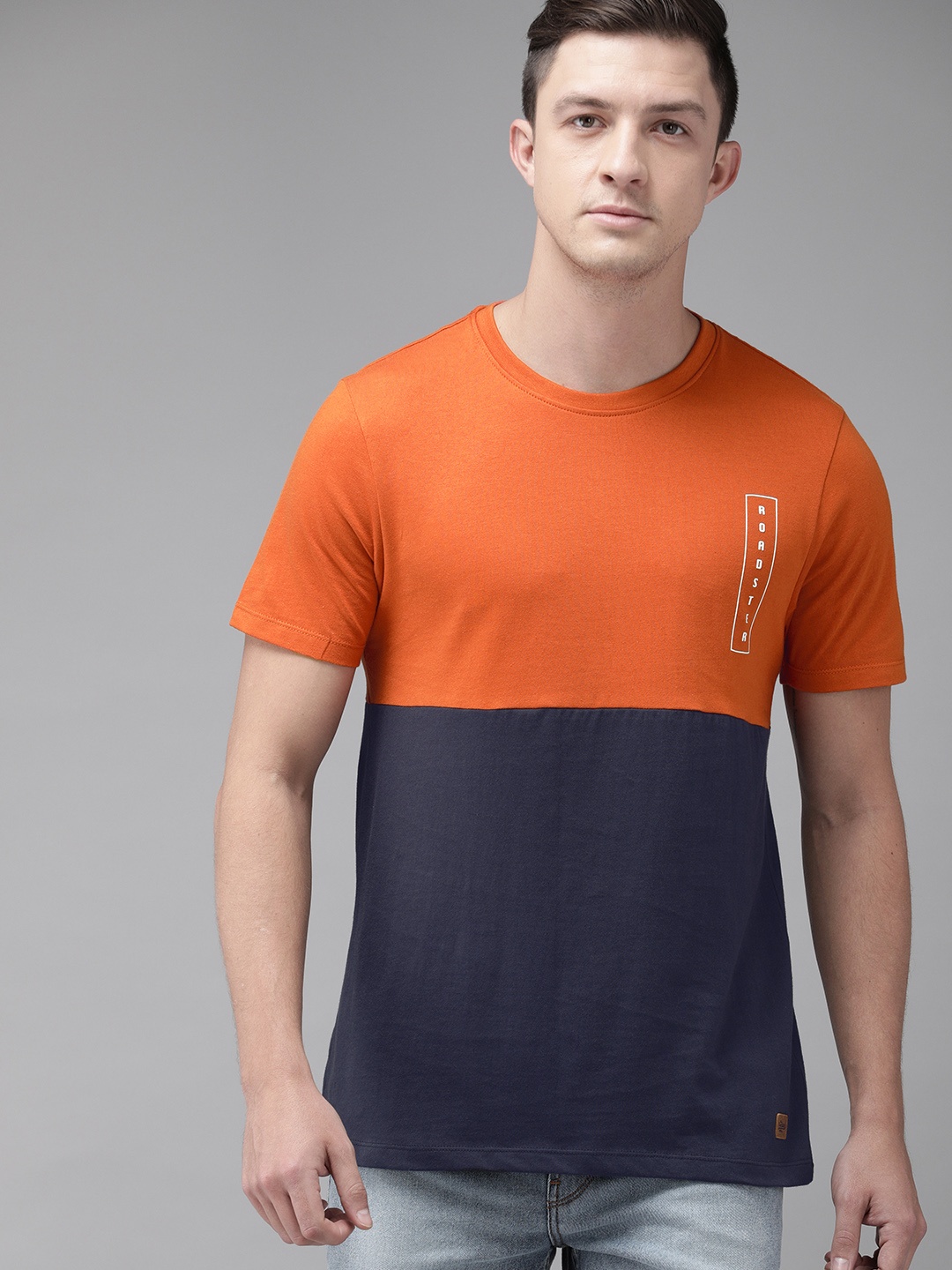 

Roadster Men Orange Navy Blue Colourblocked Round Neck Pure Cotton T-shirt