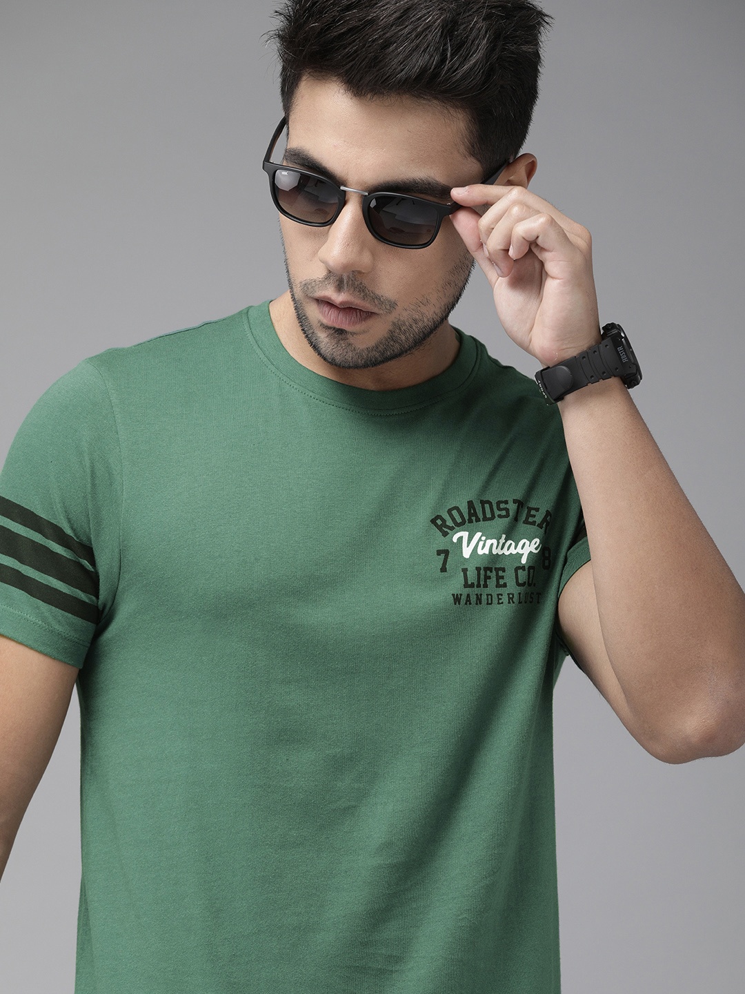 

Roadster Men Green Striped Round Neck T-shirt