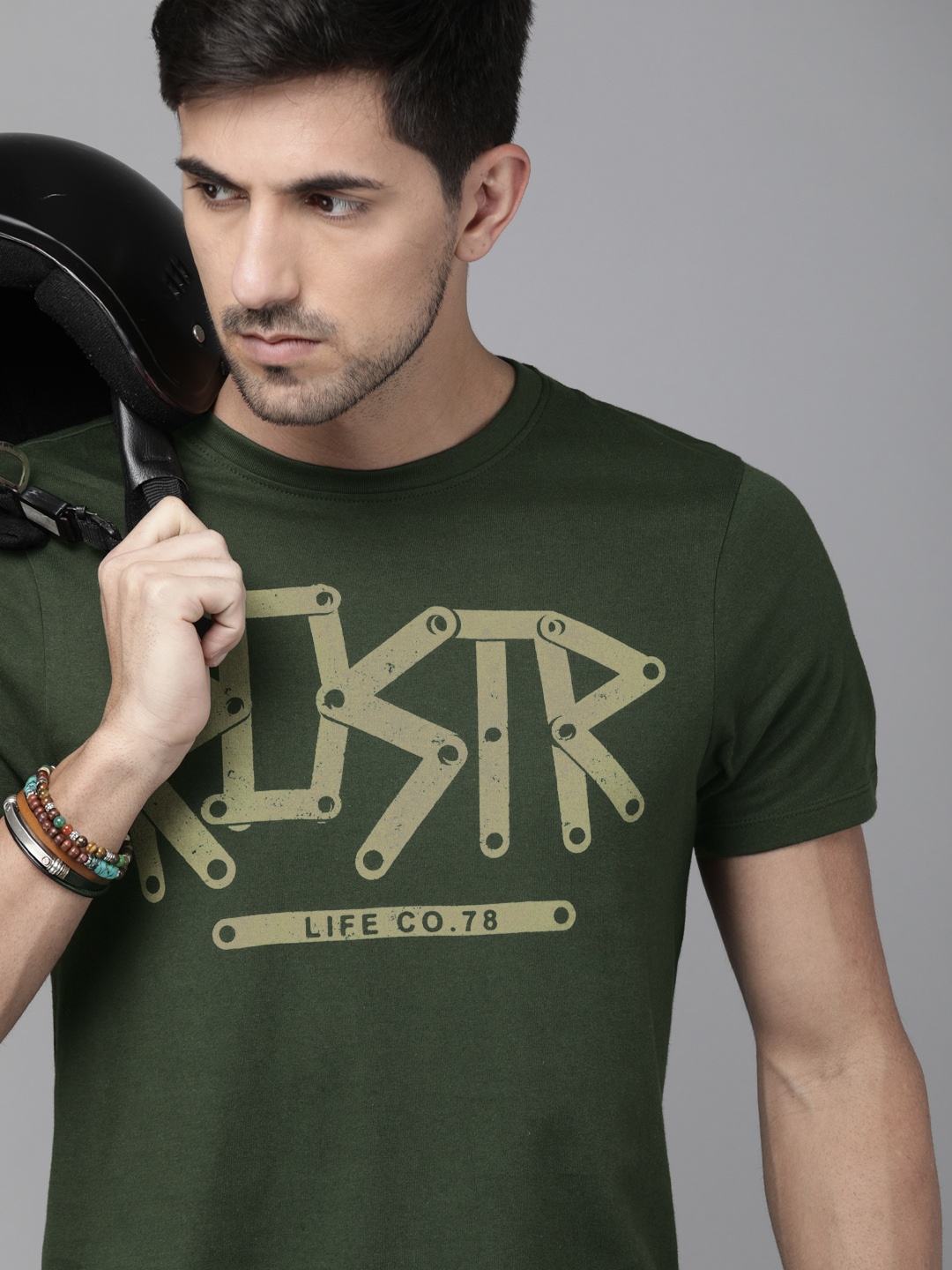 

Roadster Men Olive Green Printed Round Neck T-shirt