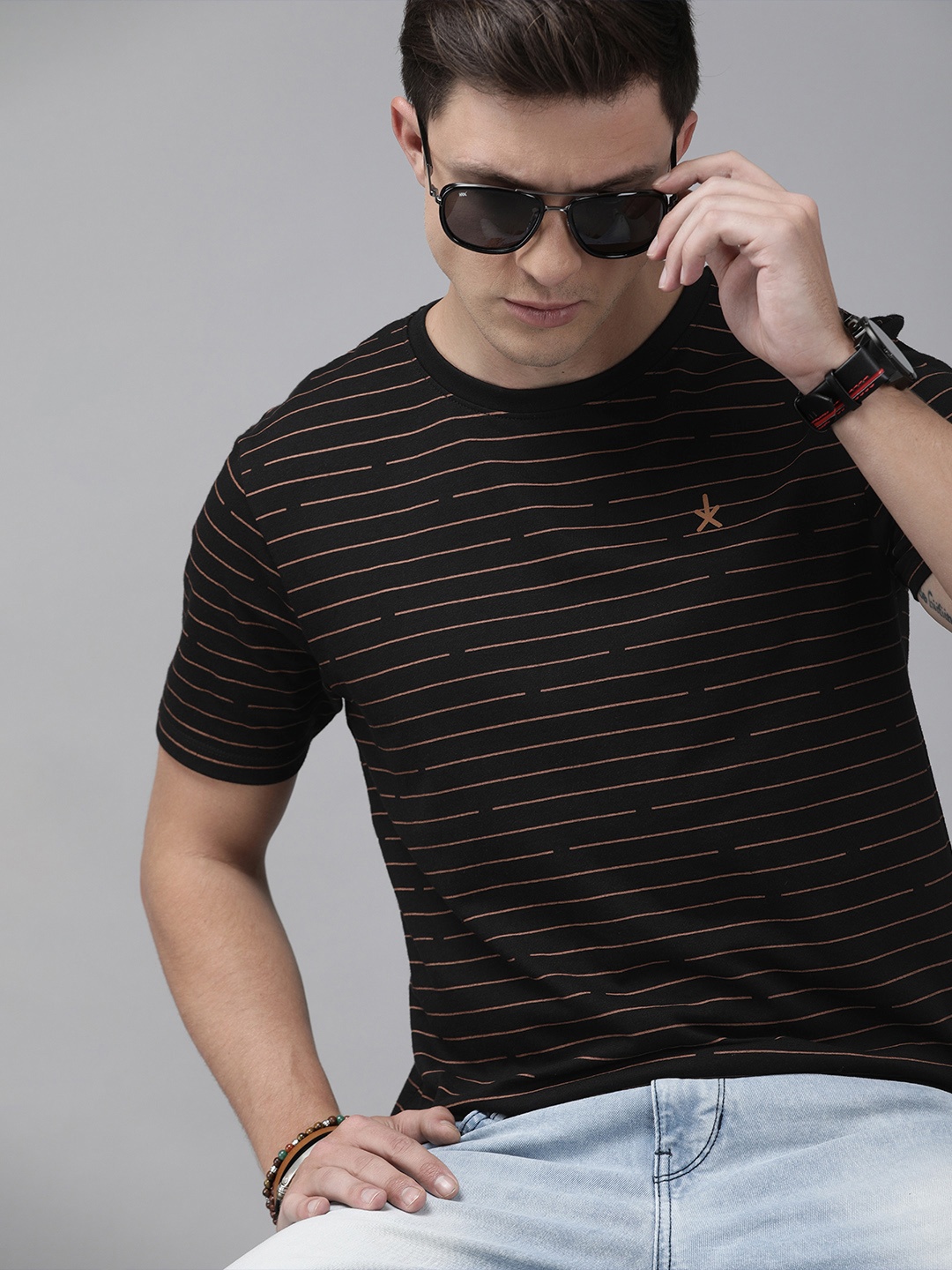 

Roadster Men Black Striped Round Neck Pure Cotton T-shirt