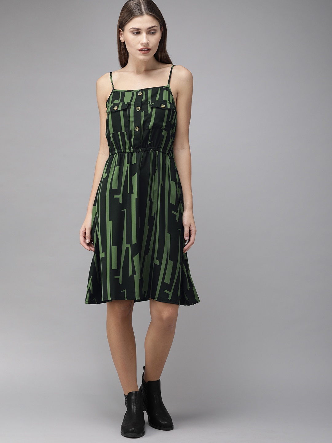 

Roadster Women Black Printed Fit and Flare Dress