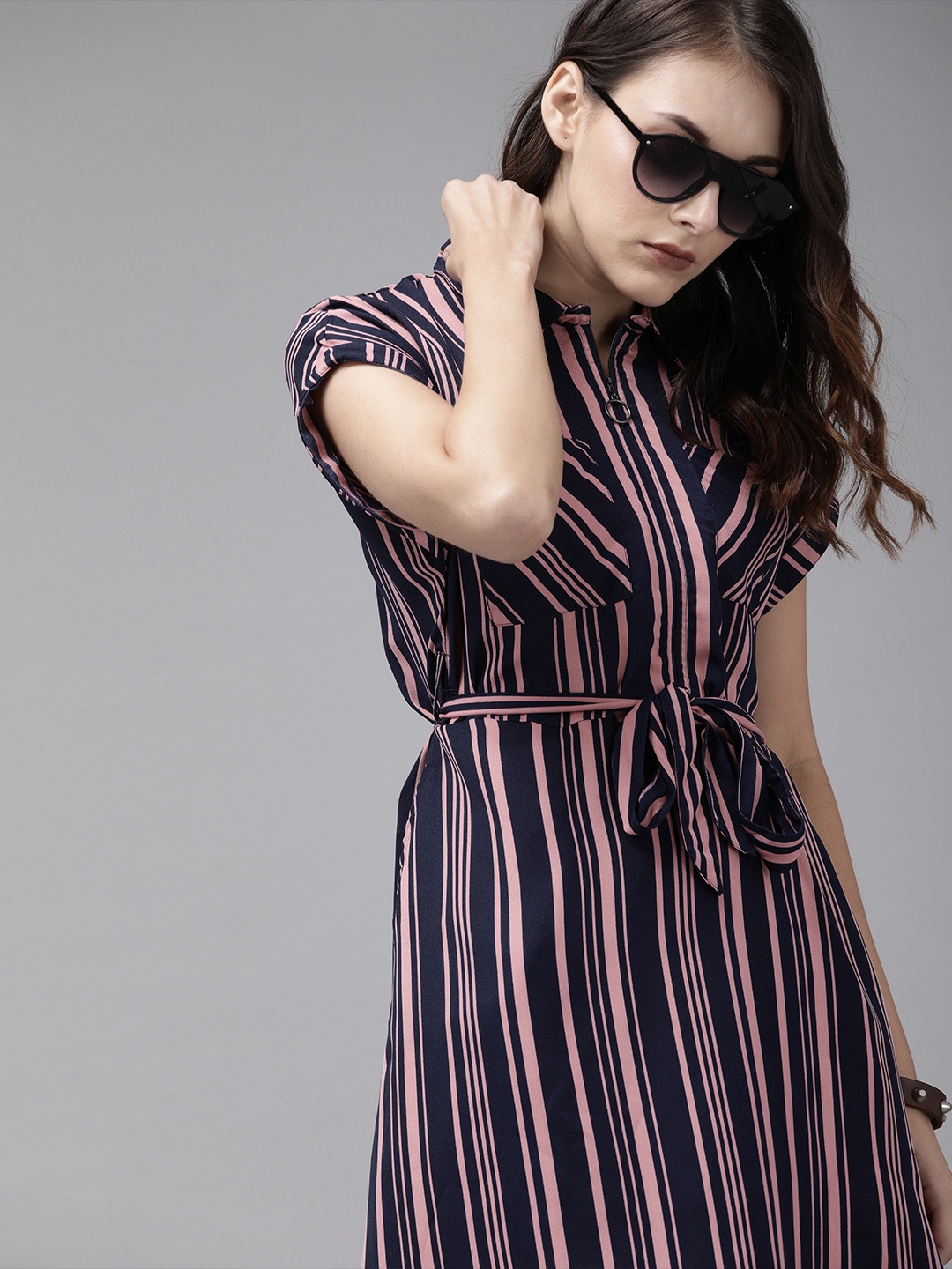 

Roadster Women Navy Blue Striped A-Line Dress With Tie Up Detail