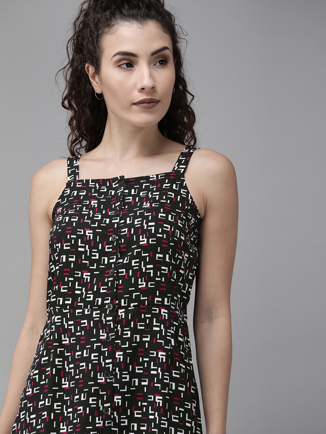 

Roadster Women Black Printed Fit and Flare Dress