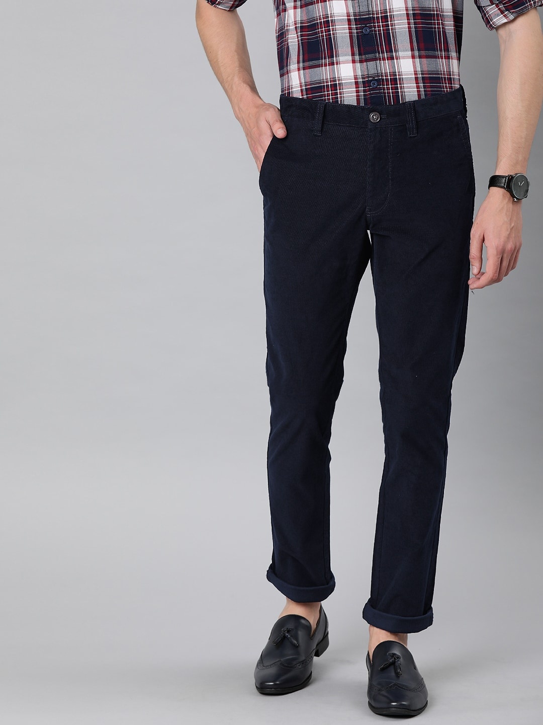 

Indian Terrain Men Navy Blue Brooklyn Slim Fit Self Design Regular Trousers