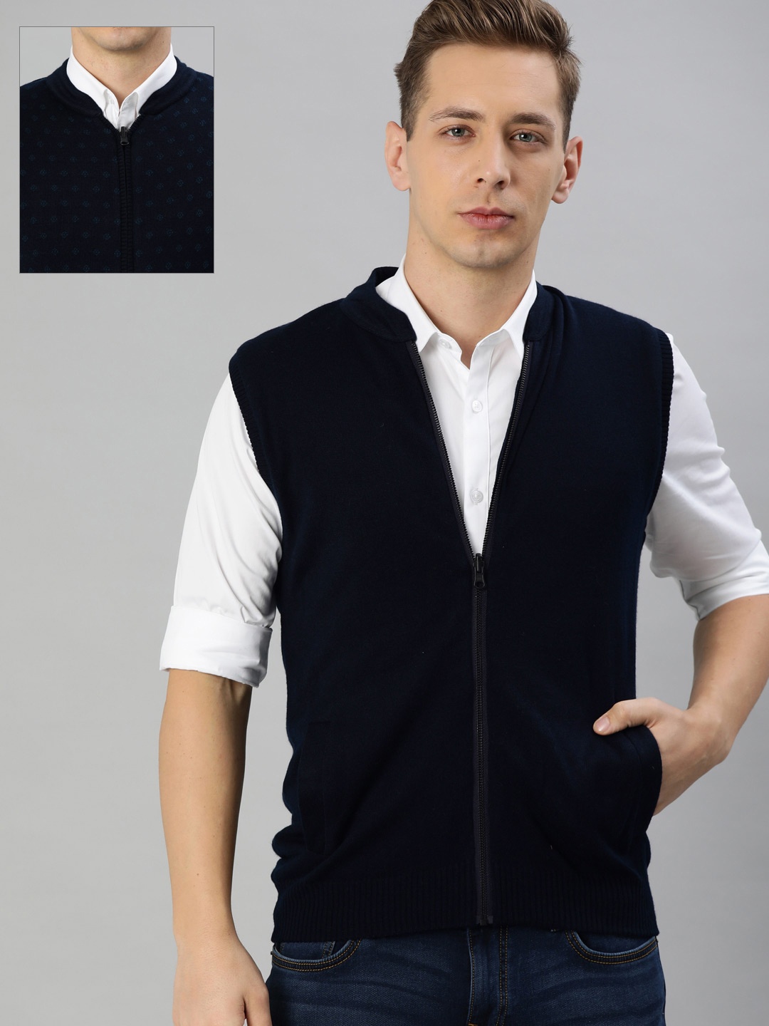 

Indian Terrain Men Navy Blue Solid Front-Open Sweater
