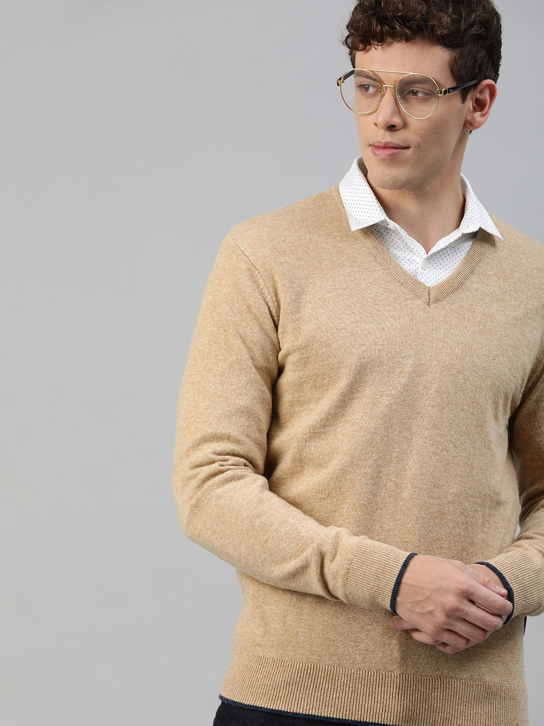 

Indian Terrain Men Beige Solid Lambwool Pullover Sweater