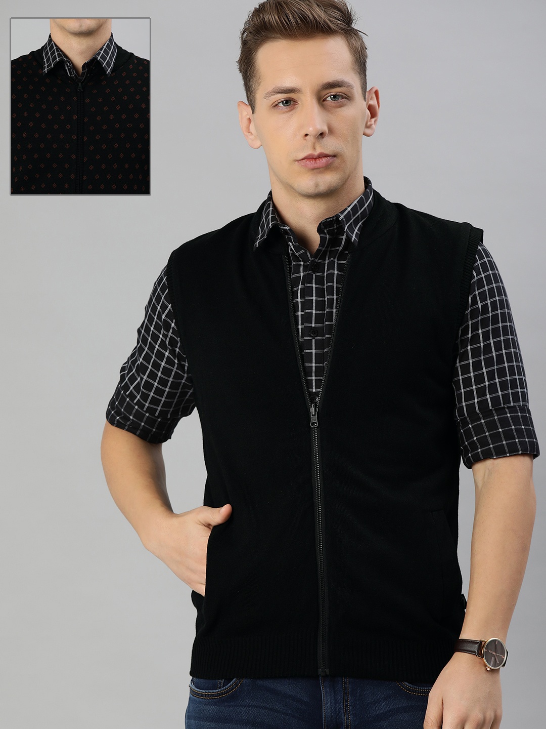 

Indian Terrain Men Black Solid Reversible Cardigan Sweater