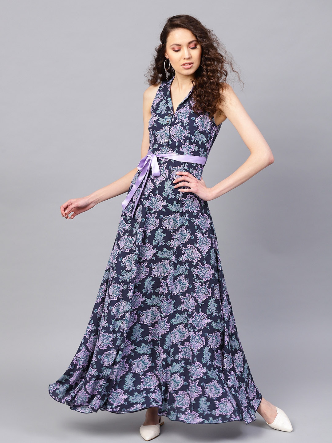 

SASSAFRAS Women Navy Blue & Lavender Printed Maxi Dress