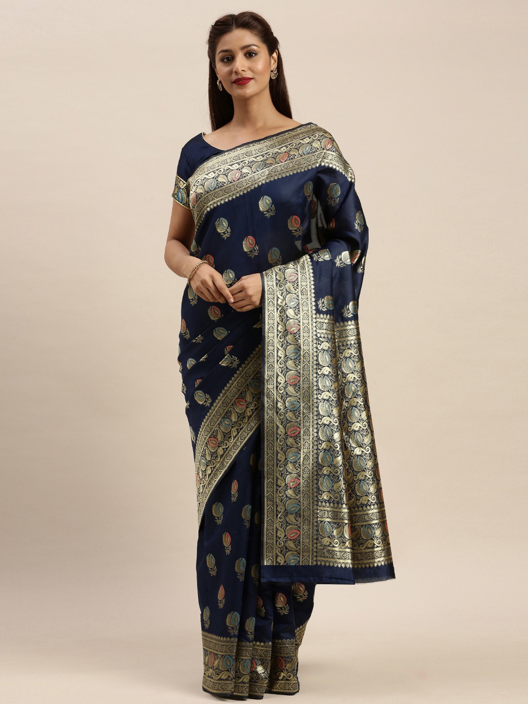 

Mitera Navy Blue Silk Blend Woven Design Banarasi Saree