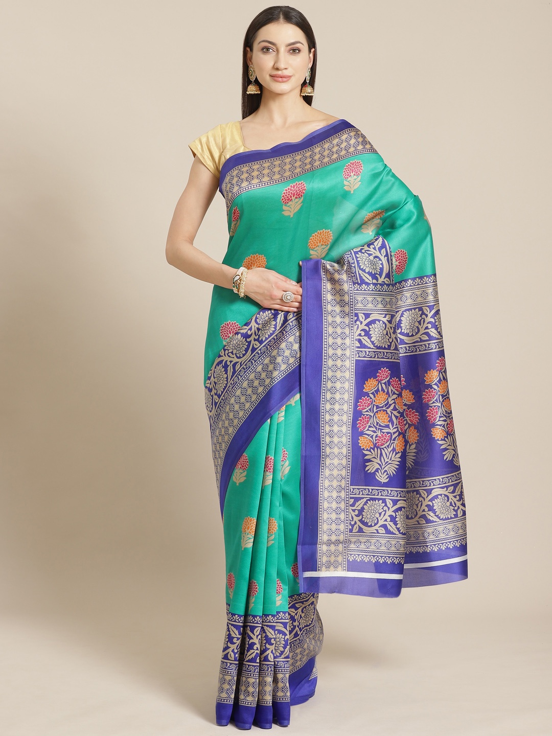 

KALINI Green & Blue Ethnic Printed Kanjeevaram Saree