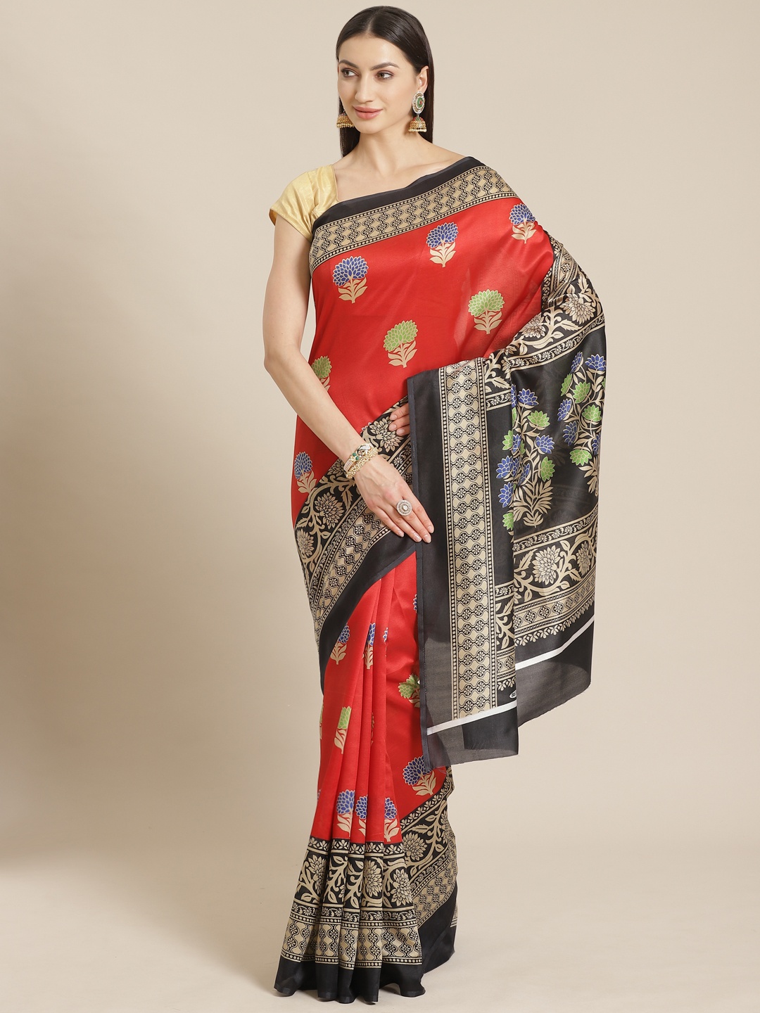

KALINI Red & Beige Mysore Silk Kalamkari Print Kanjeevaram Saree