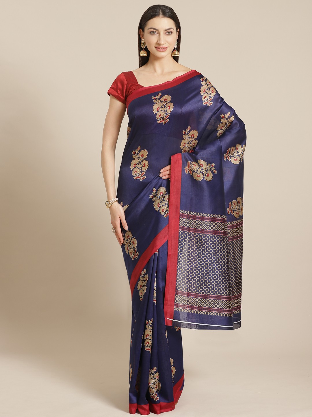 

KALINI Navy Blue & Beige Kalamkari Print Kanjeevaram Saree