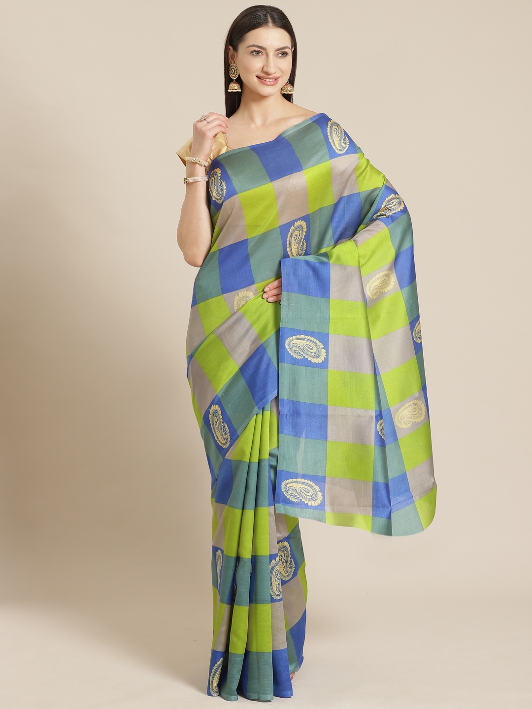 

KALINI Blue & Green Checked Kanjeevaram Saree with Paisley Print