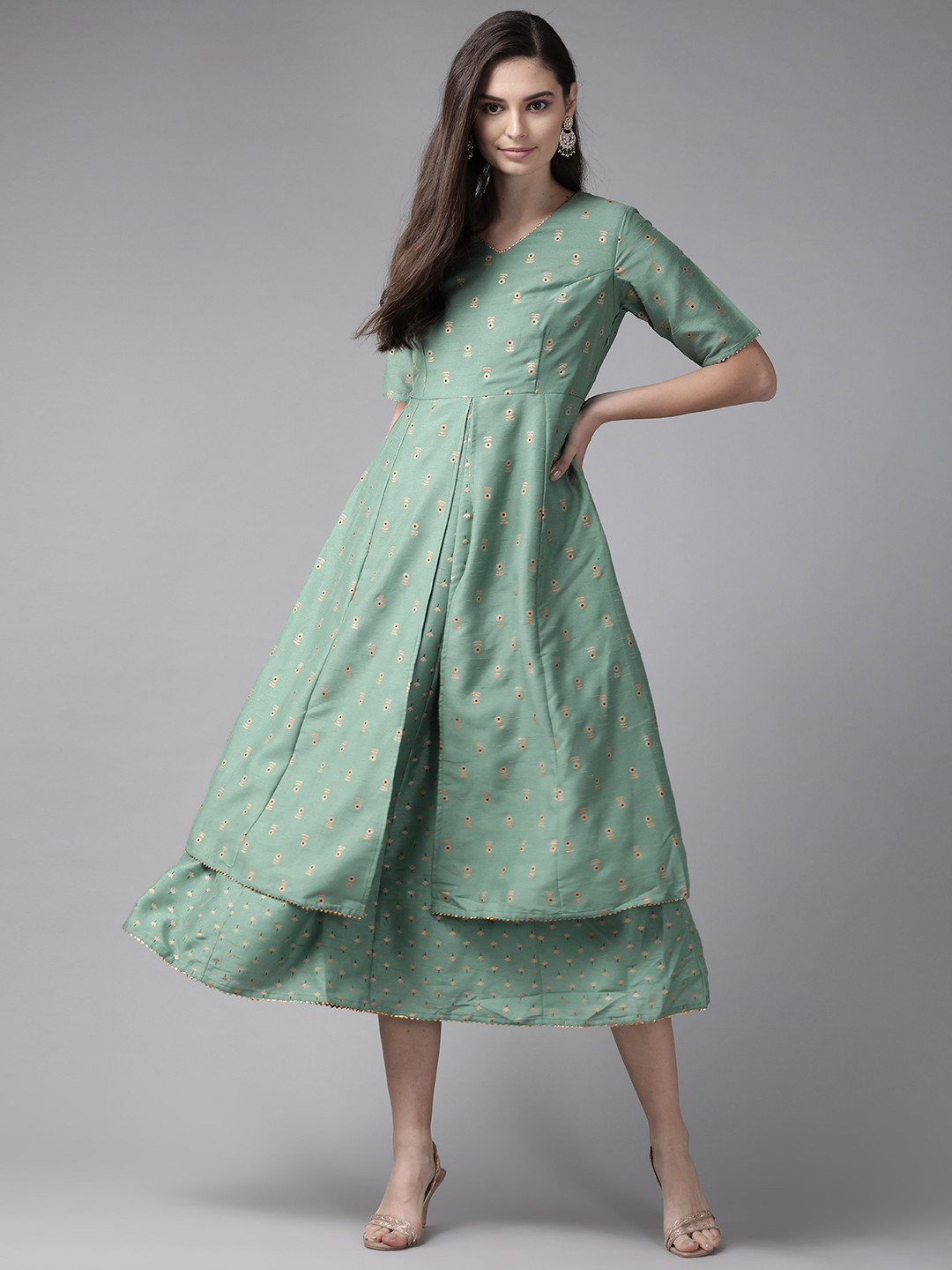 

Juniper Women Turquoise Blue & Gold Printed Layered Maxi Dress