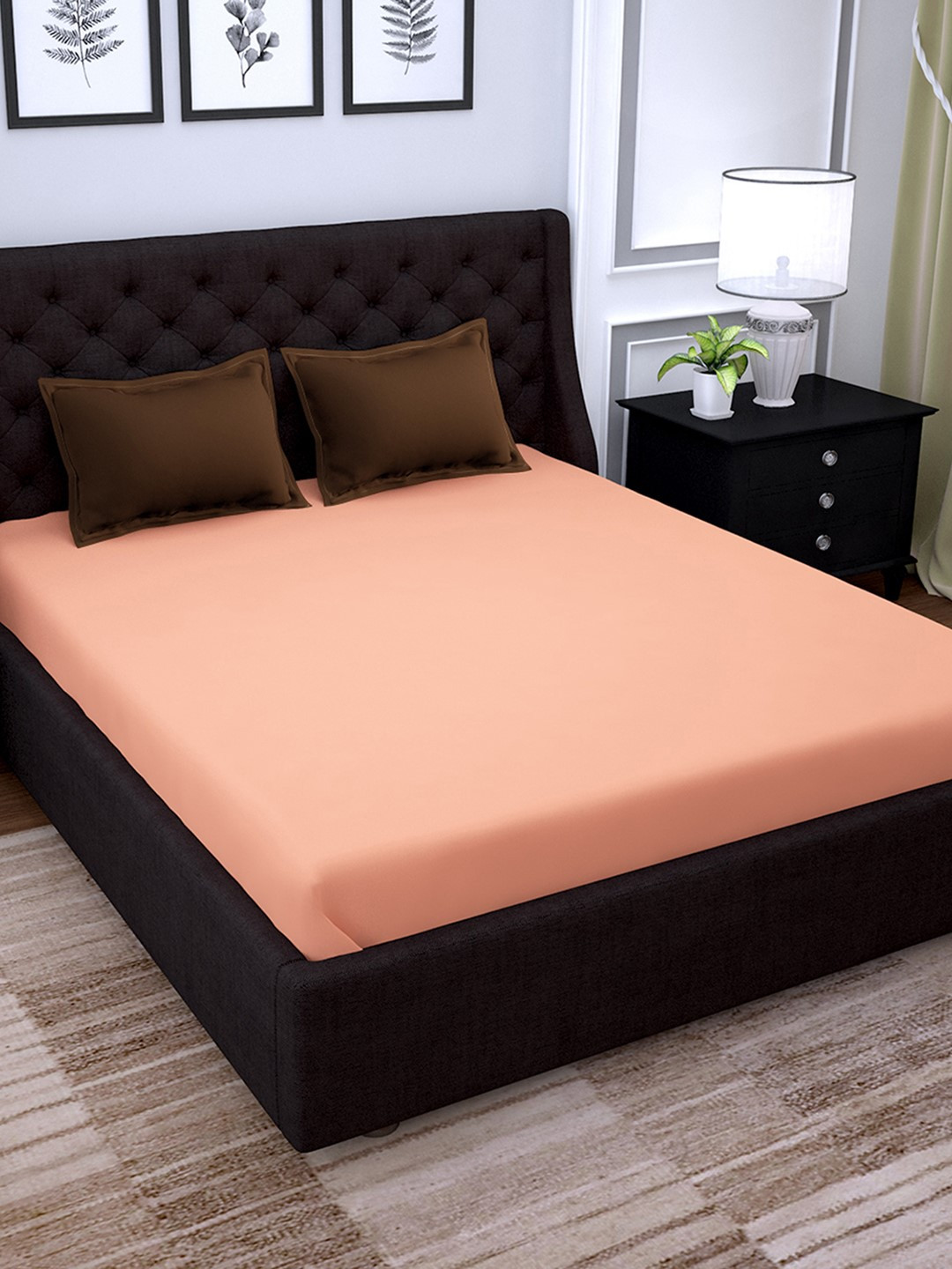 

PAVO Peach-Coloured & Brown Solid 210 TC Cotton 1 King Bedsheet with 2 Pillow Covers