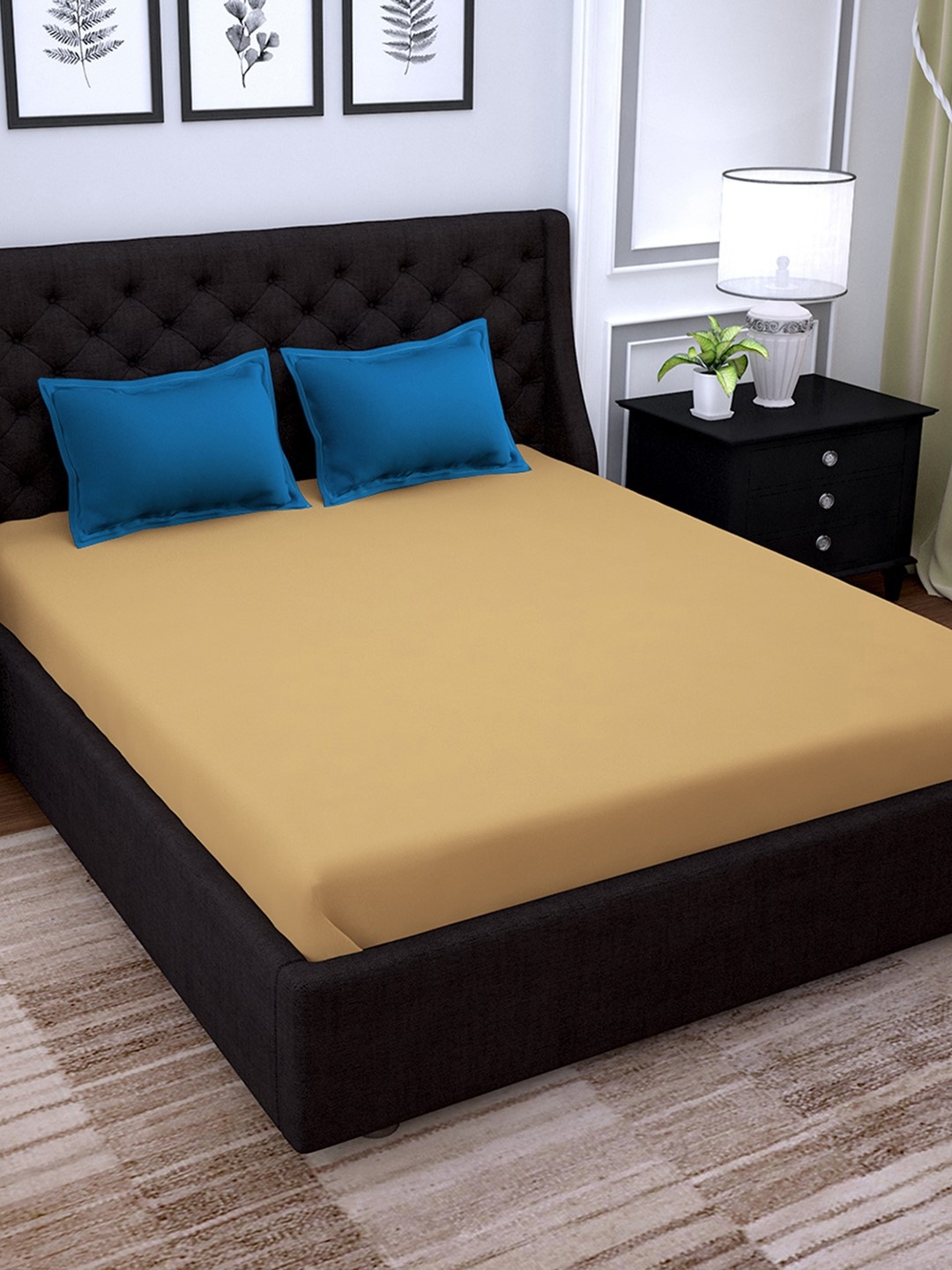

PAVO Beige & Blue Solid 210 TC Cotton 1 King Bedsheet with 2 Pillow Covers