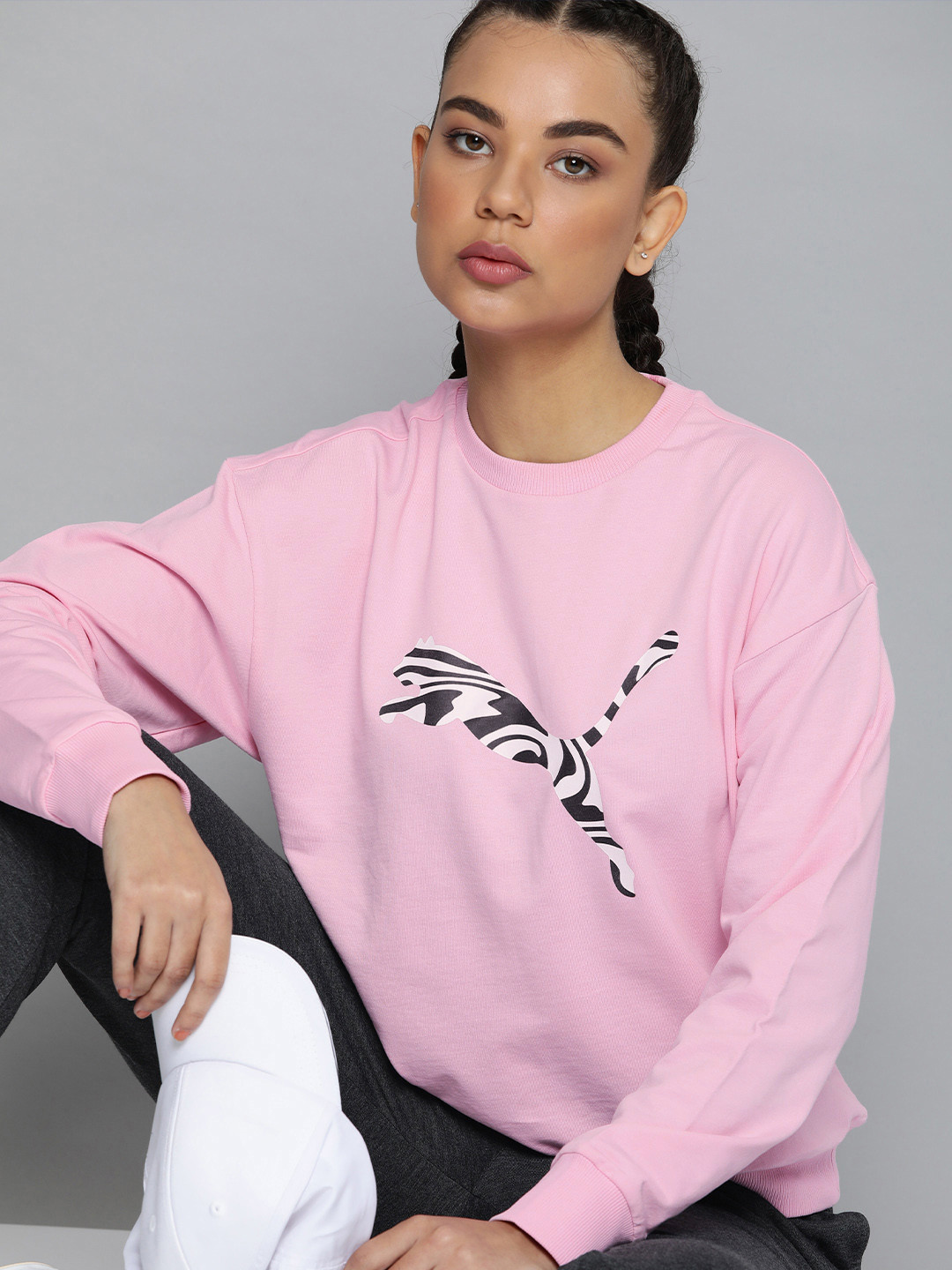 

Puma Women Pink Brand Logo Graphic Crew Printed Round Neck Sweatshirt