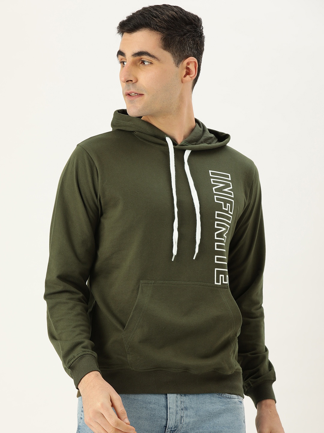 

VEIRDO Men Olive Green Printed Hooded Sweatshirt