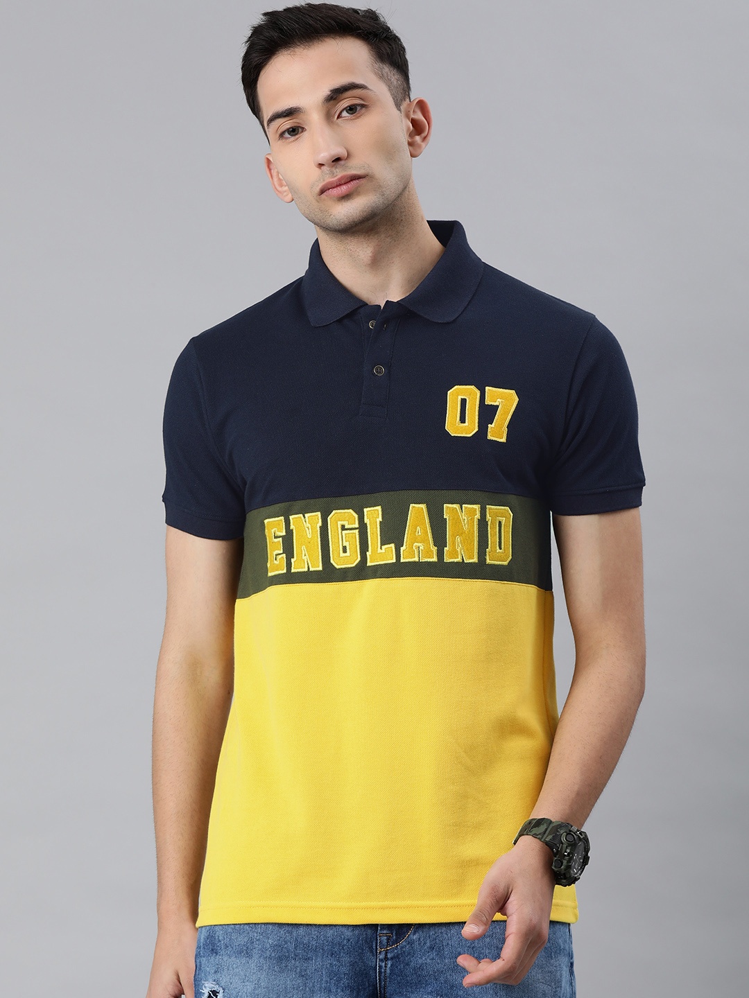 

VEIRDO Men Navy Blue & Yellow Colourblocked Polo Collar T-shirt