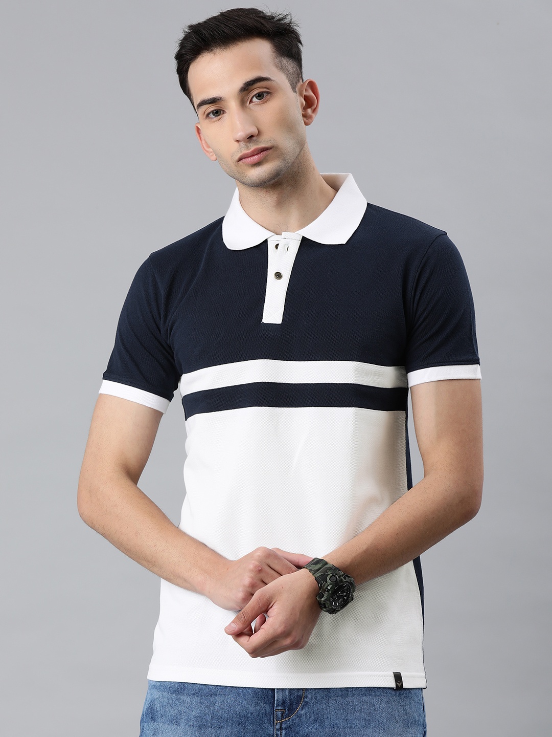 

VEIRDO Men Navy Blue & White Colourblocked Polo Collar T-shirt