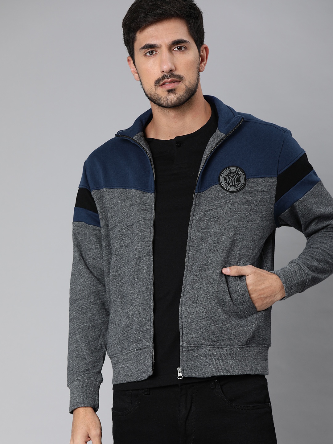 

U.S. Polo Assn. Men Grey & Green Colourblocked Sweatshirt