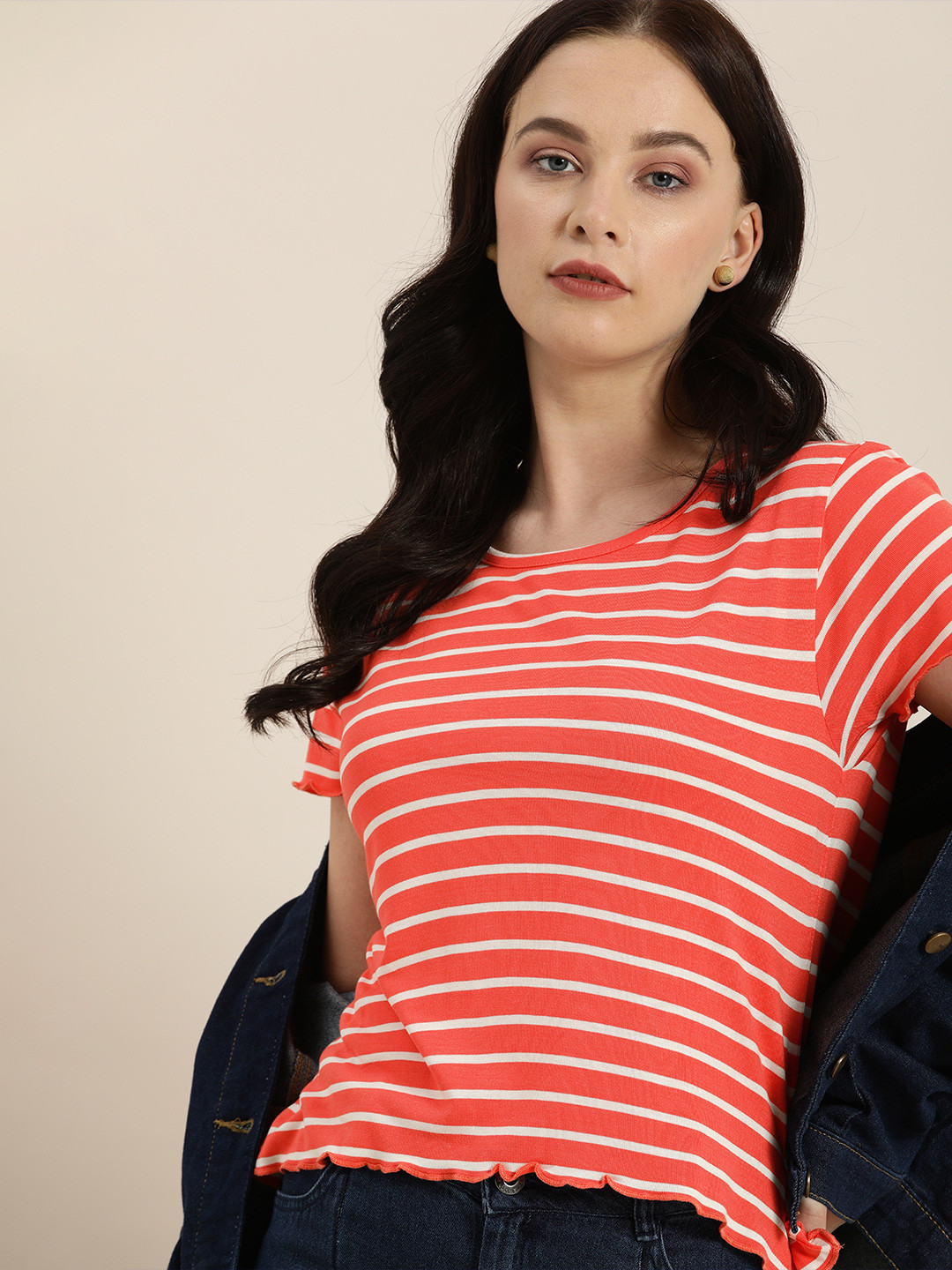 

Moda Rapido Women Coral Red & Off-White Striped Round Neck T-shirt