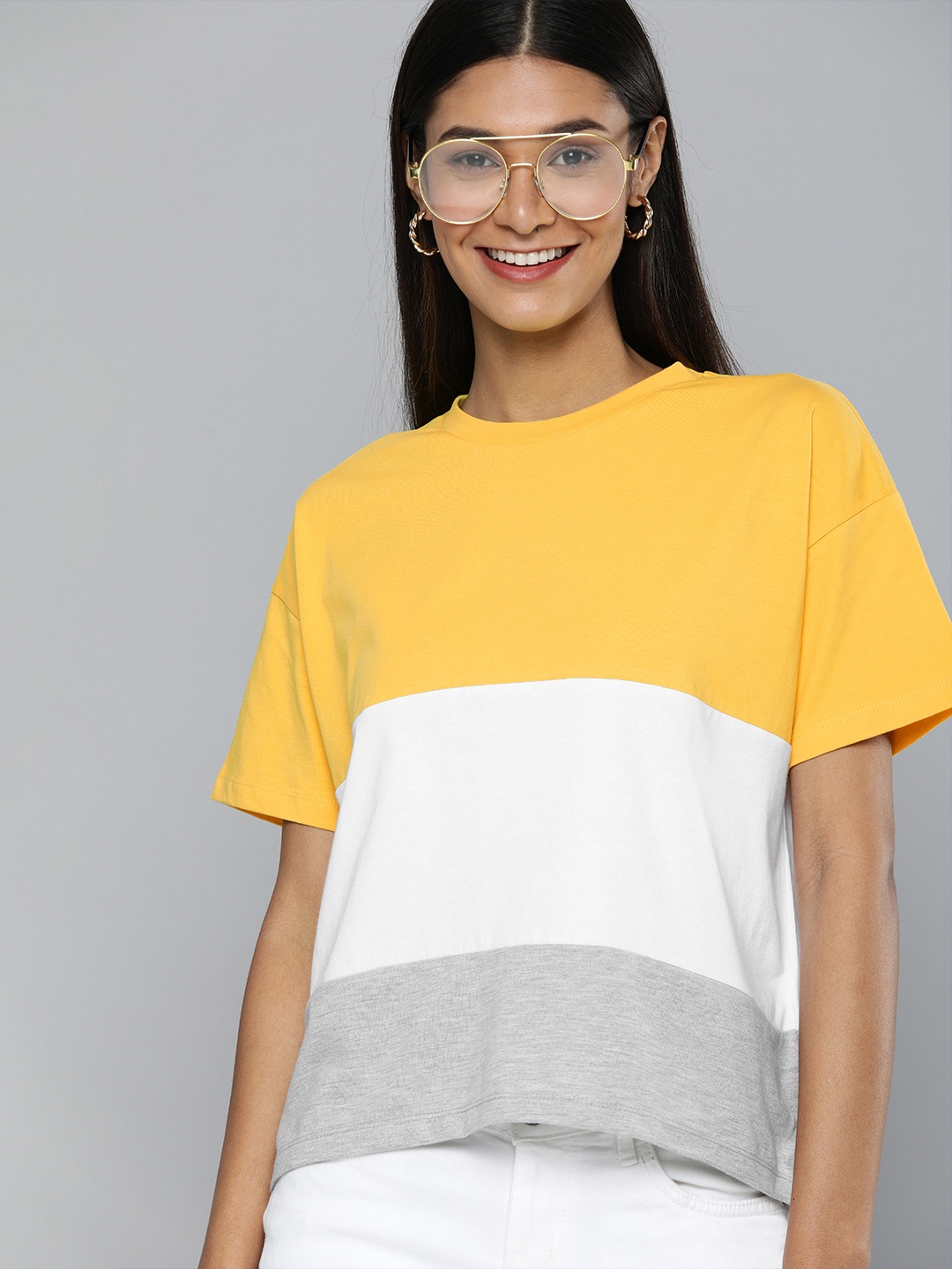 

HERENOW Women Yellow White Colourblocked Round Neck Pure Cotton T-shirt