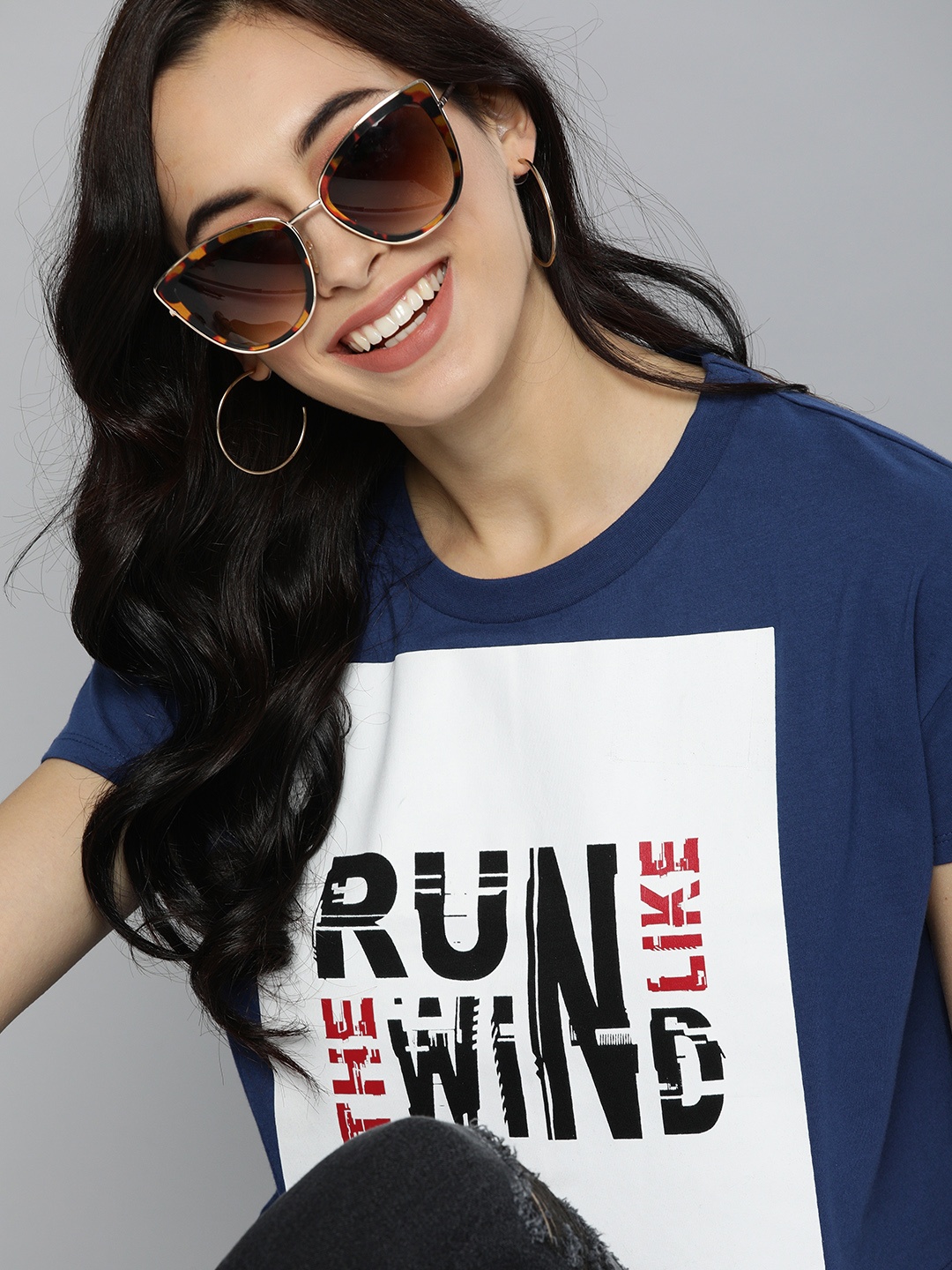 

HERENOW Women Navy Blue Printed Round Neck Pure Cotton T-shirt