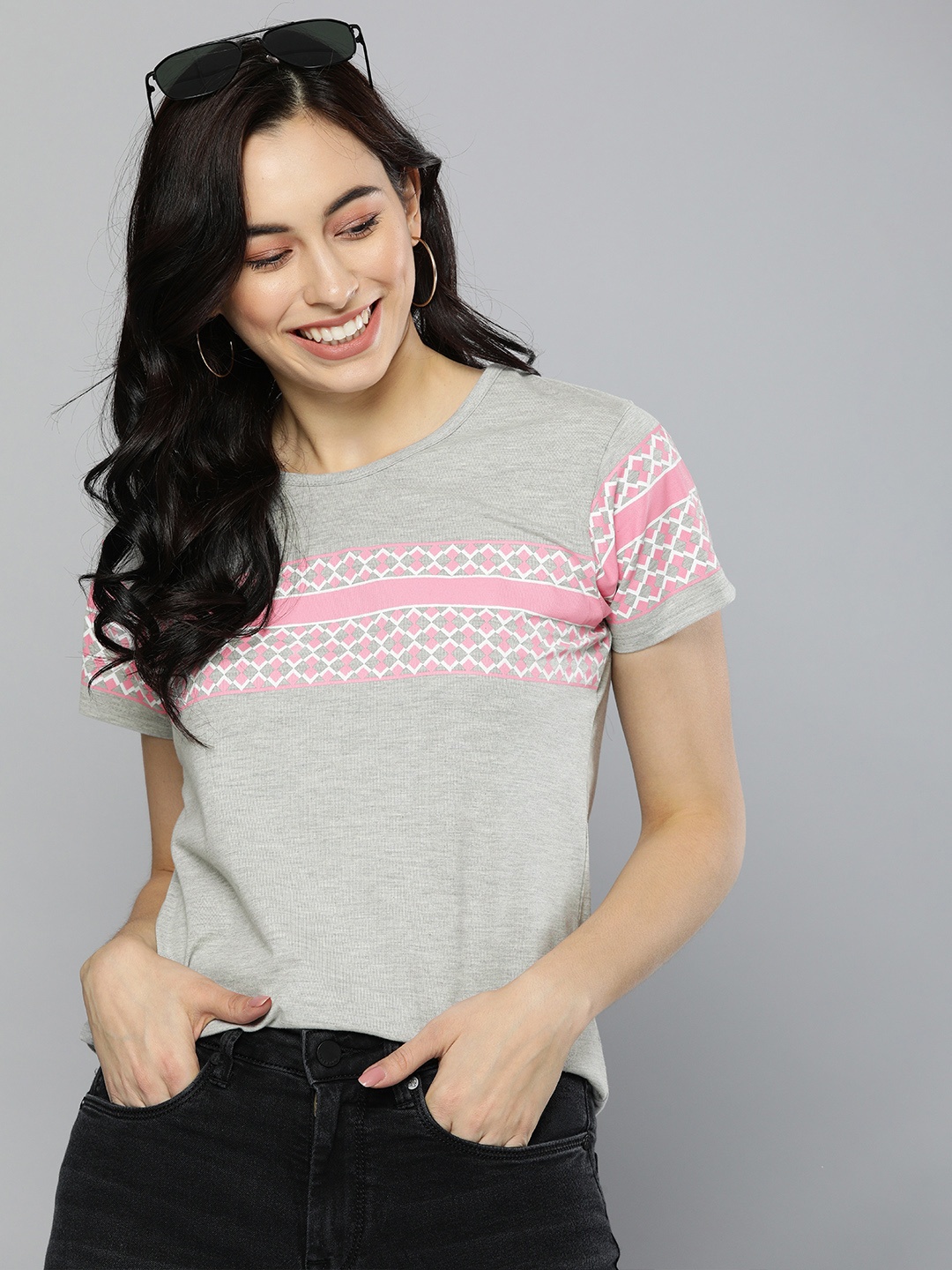 

HERE&NOW Women Grey Striped Round Neck T-shirt