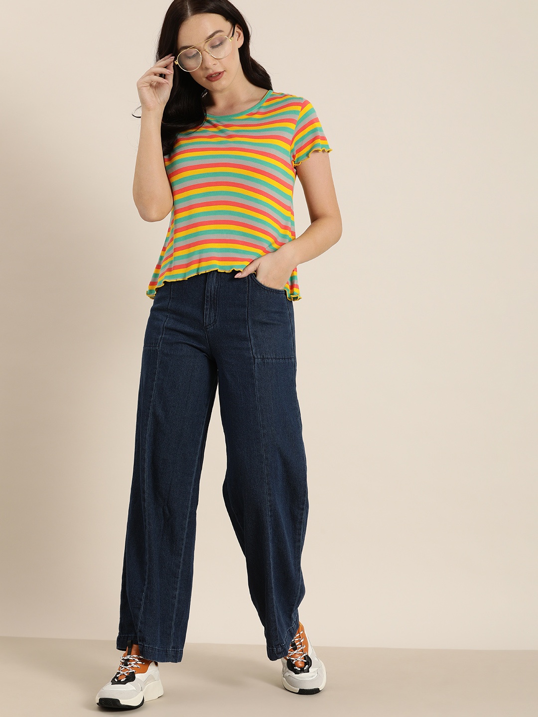 

Moda Rapido Women Multicoloured Striped Round Neck T-shirt, Multi