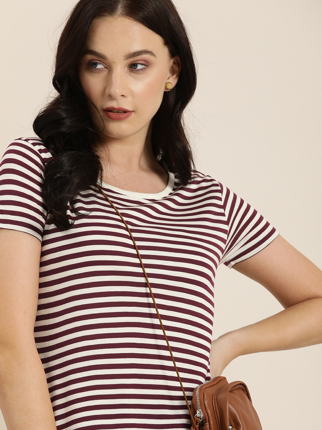 

Moda Rapido Women Burgundy & White Striped Round Neck T-shirt