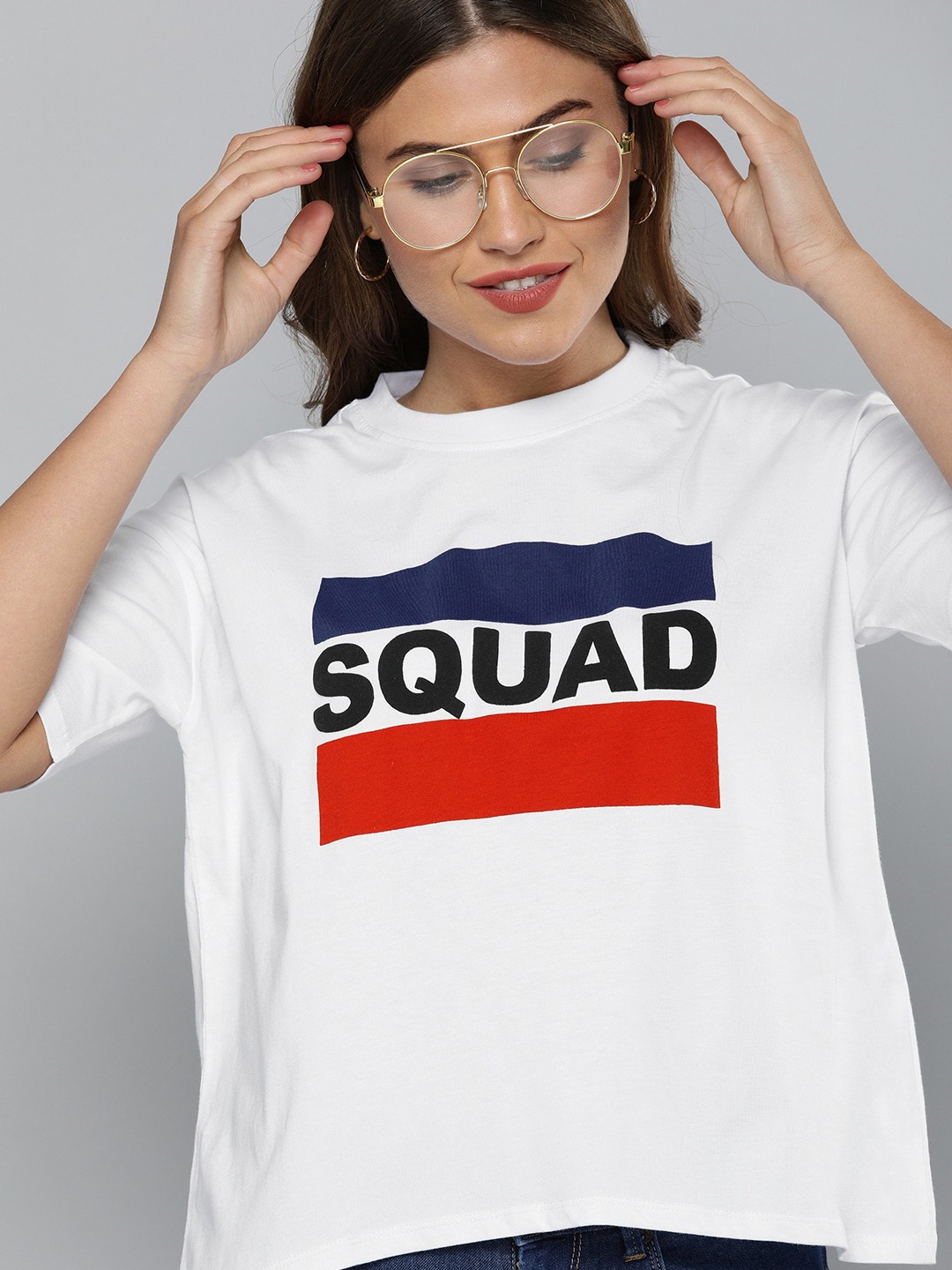 

HERENOW Women White Navy Printed Round Neck Boxy Pure Cotton T-shirt