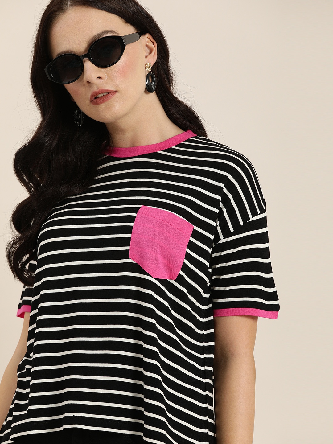 

Moda Rapido Women Black Striped Round Neck T-shirt With Contrast Chest pocket