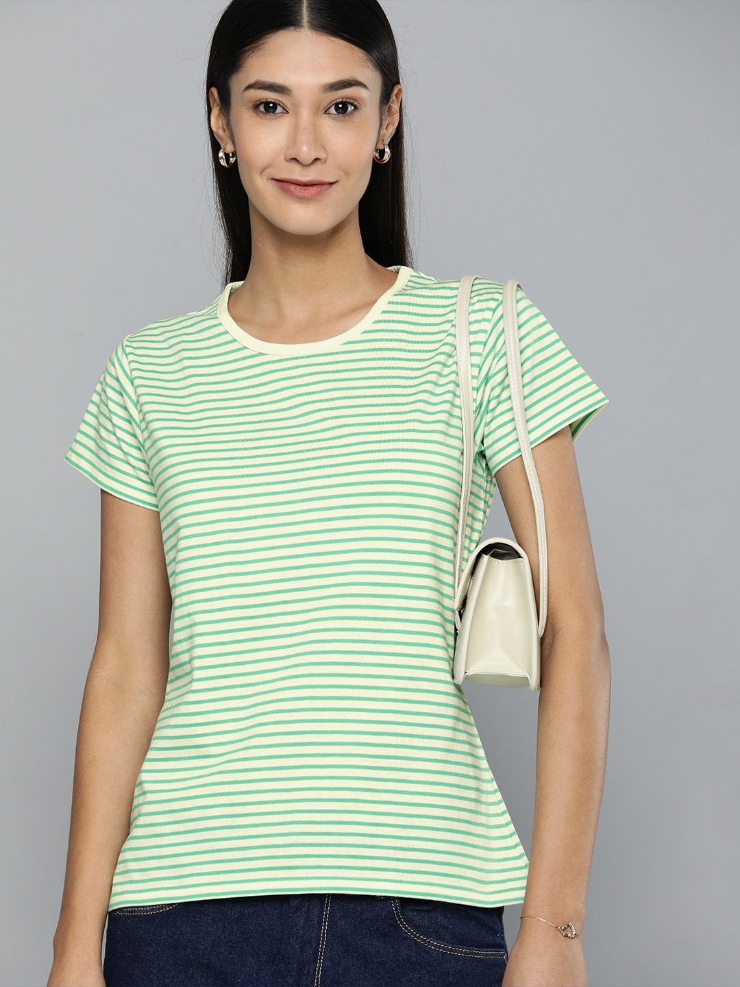 

HERE&NOW Women Green & Off-White Striped Round Neck T-shirt