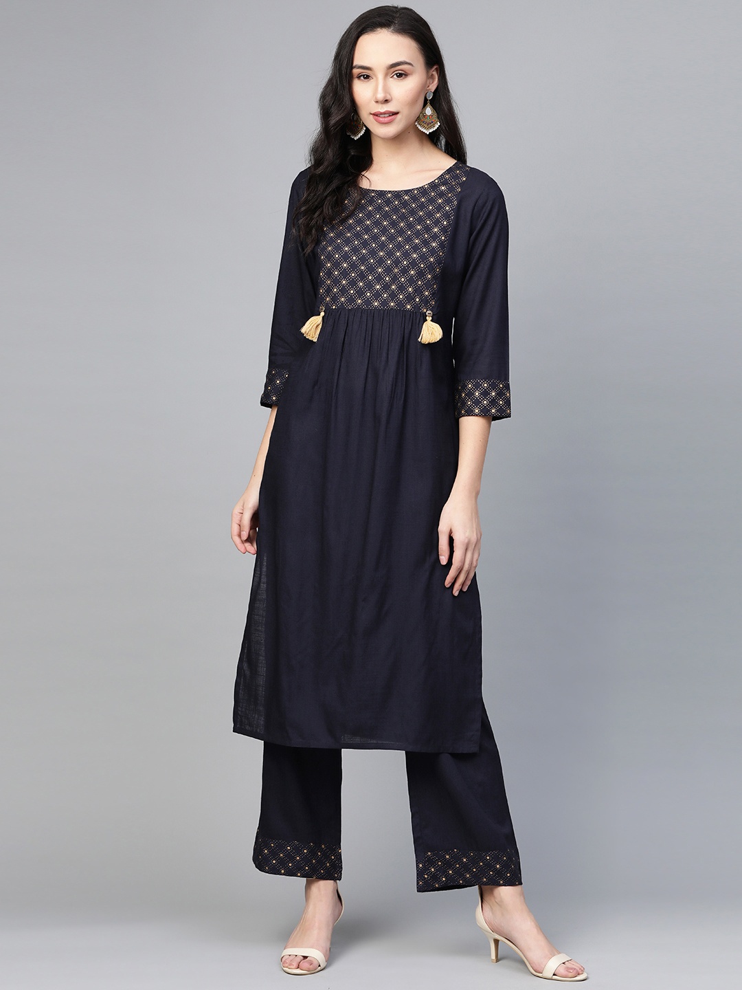 

clorals Women Navy Blue & Golden Yoke Design Kurta with Palazzos