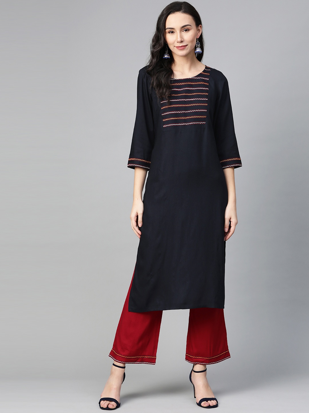 

clorals Women Navy Blue & Maroon Yoke Design Kurta with Palazzos