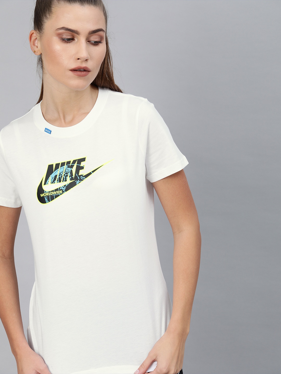 

Nike Women White Printed WORLDWIDE 1 Round Neck Pure Cotton T-shirt