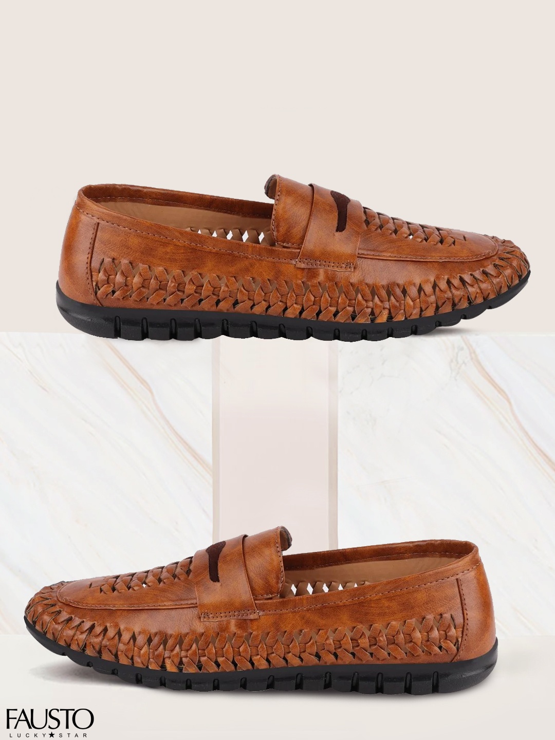 

FAUSTO Men Tan Brown Textured Formal Loafers