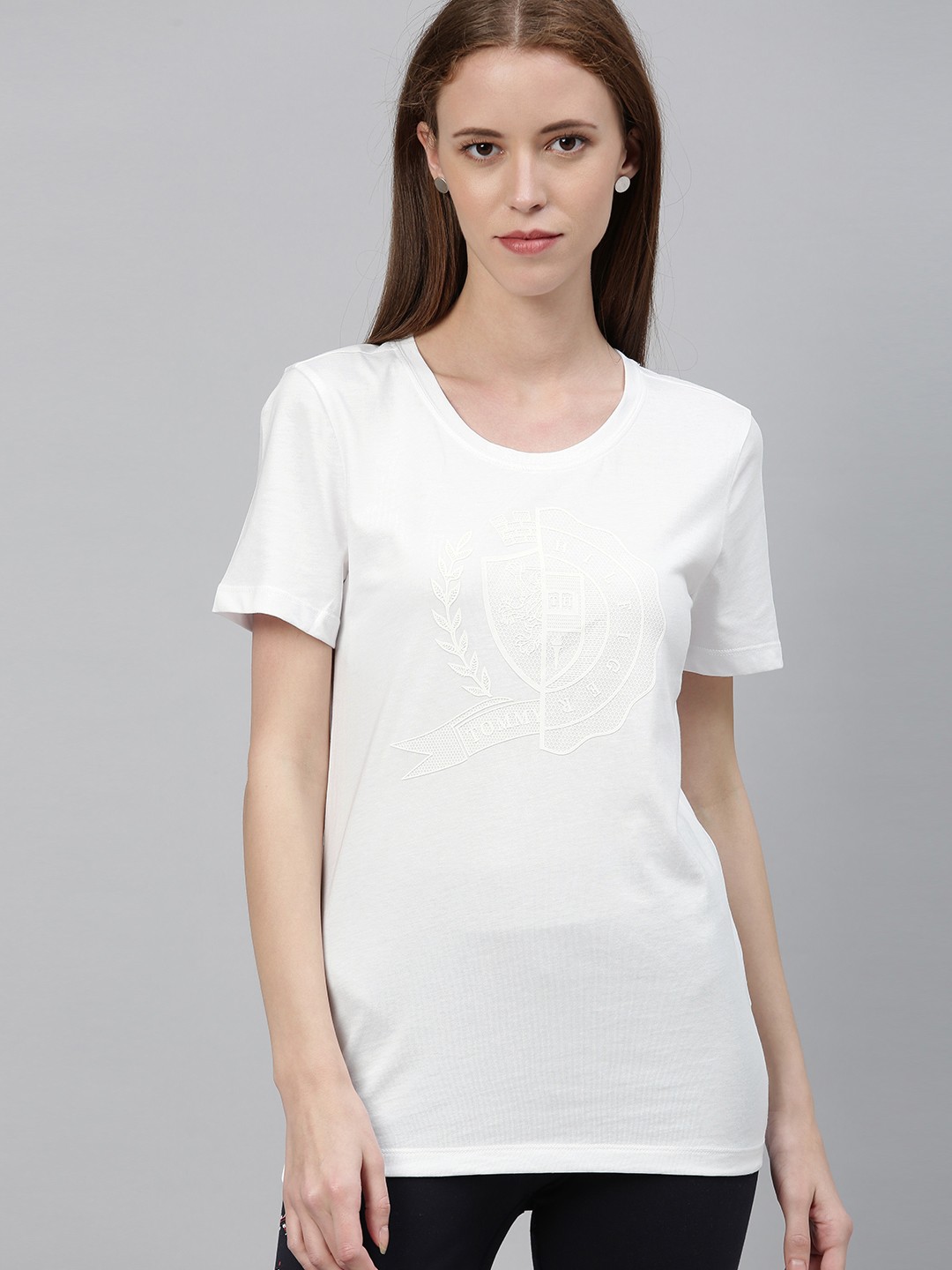 

Tommy Hilfiger Women White Printed Round Neck Pure Cotton T-shirt