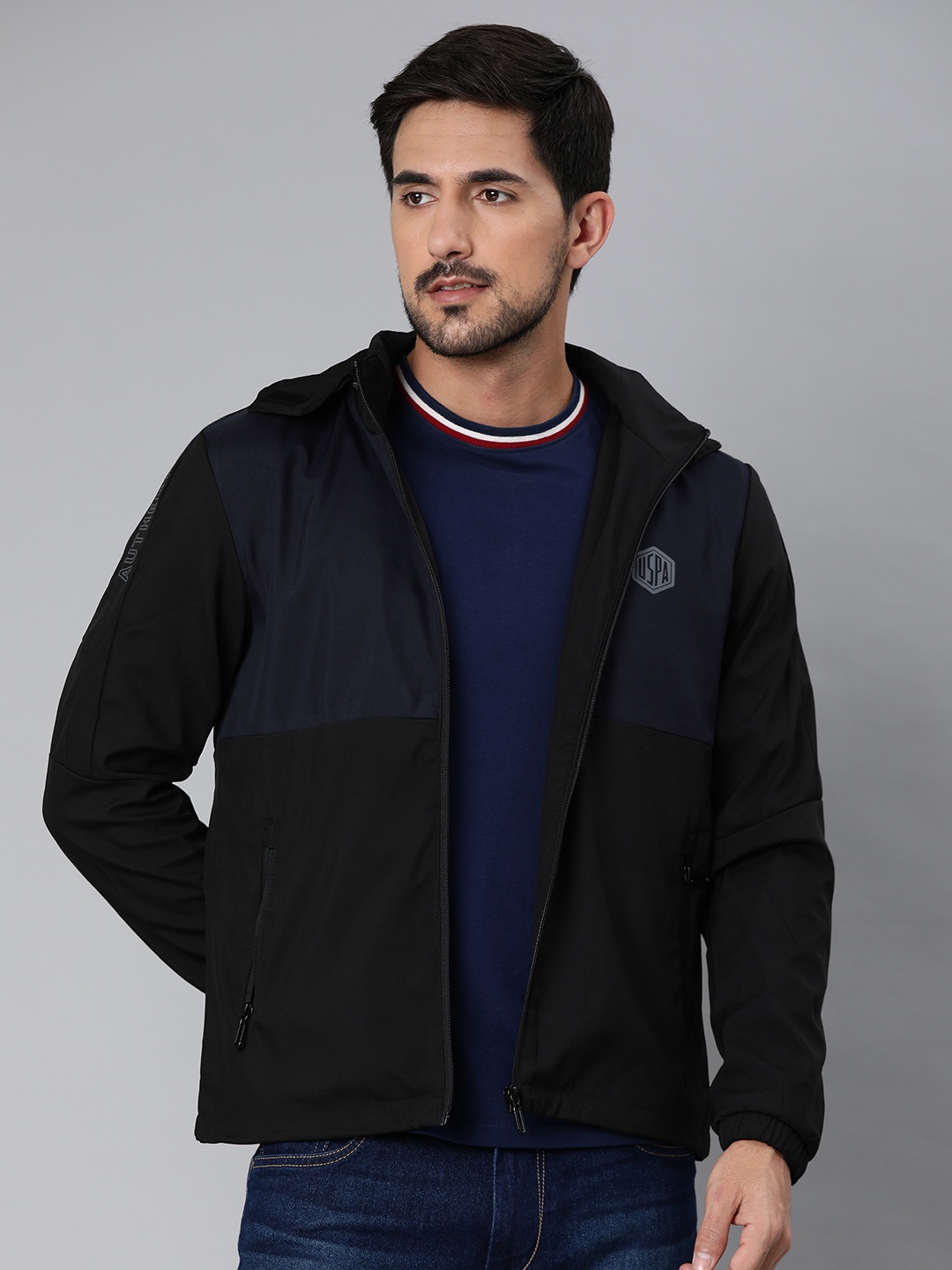 

U.S. Polo Assn. Denim Co. Men Black & Navy Blue Colourblocked Hooded Padded Jacket
