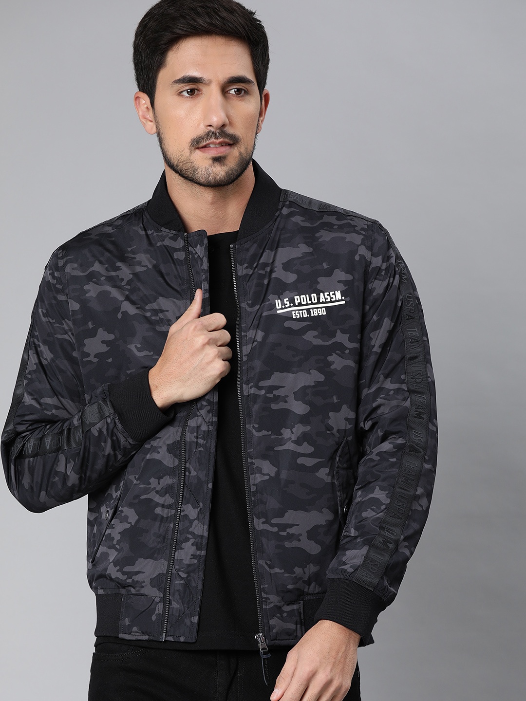 

U.S. Polo Assn. Denim Co. Men Charcoal Grey Camouflage Printed Bomber Jacket