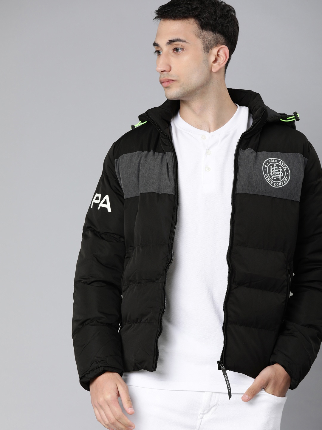 

U.S. Polo Assn. Denim Co. Men Black Colourblocked Hooded Puffer Jacket
