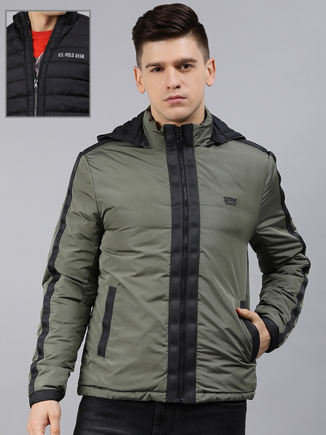 

U S Polo Assn Denim Co Men Olive Green Reversible Padded Jacket With Detachable Hood